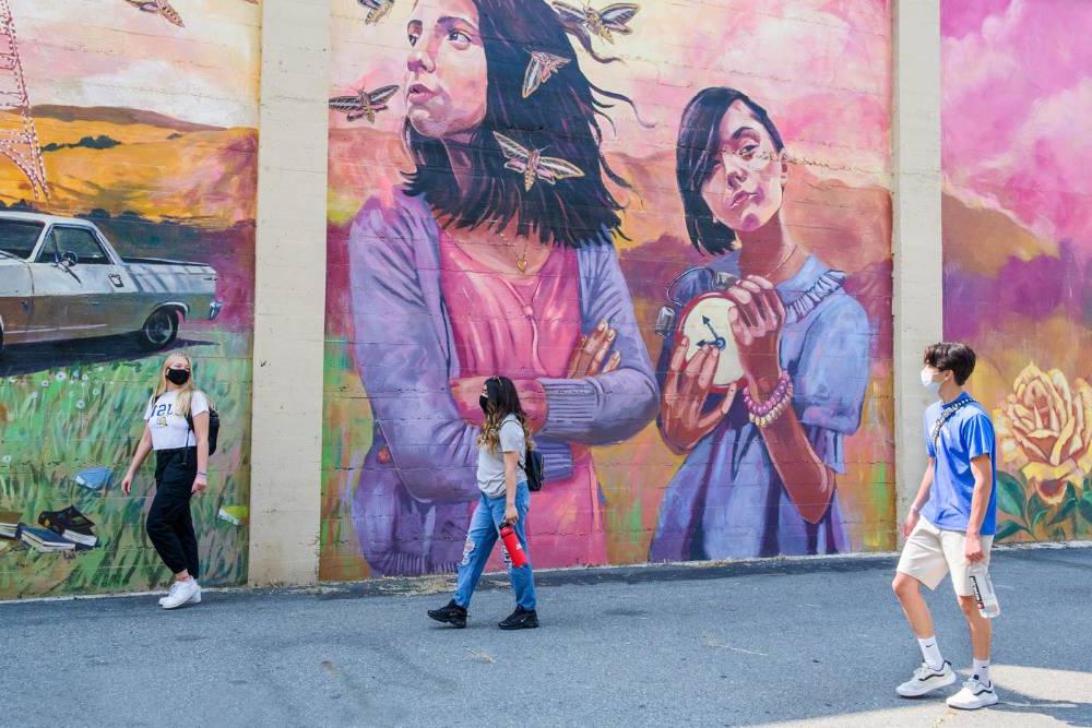 Students in masks walking by a color mural.